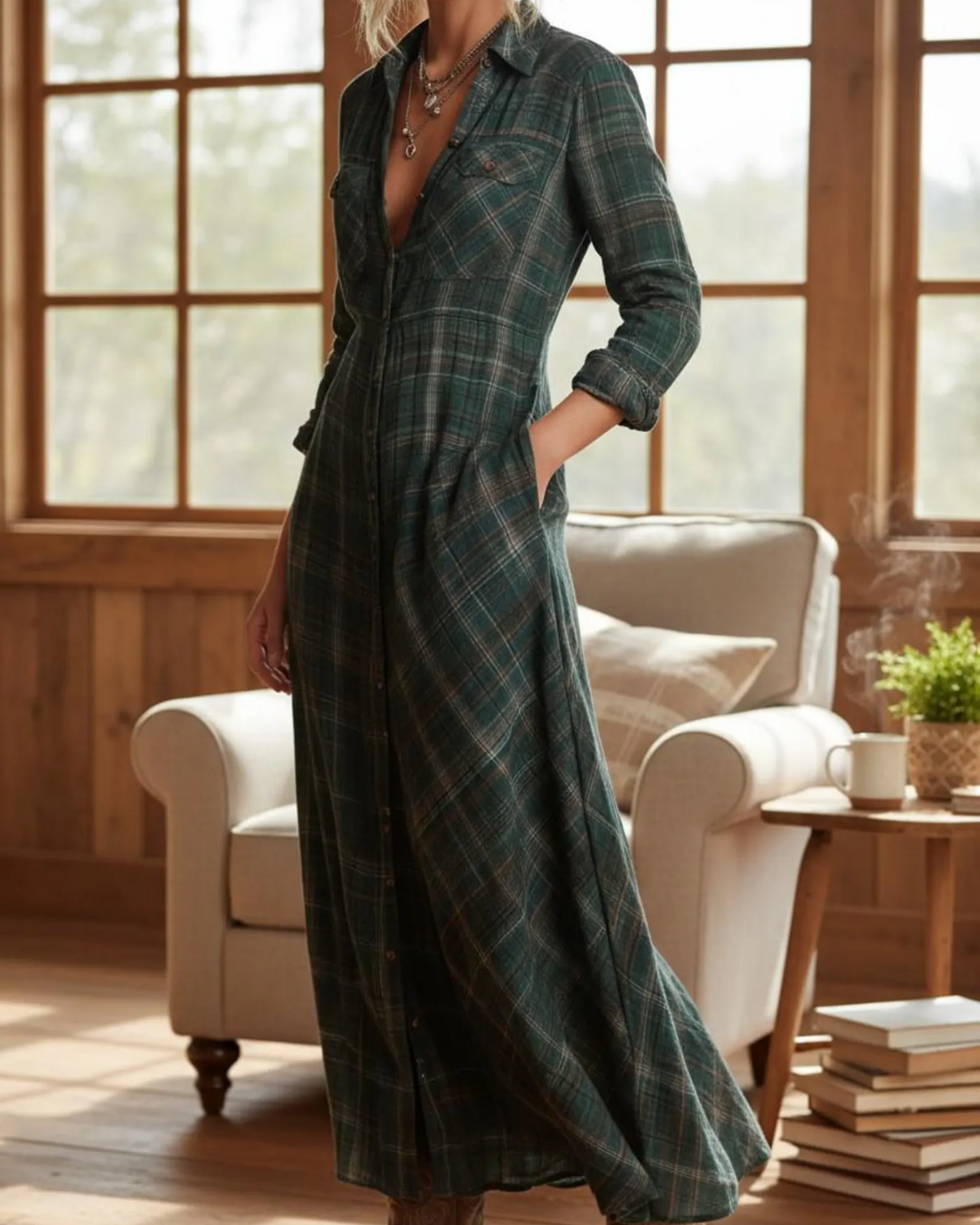 Vestido Camisero Cuadros Maxi