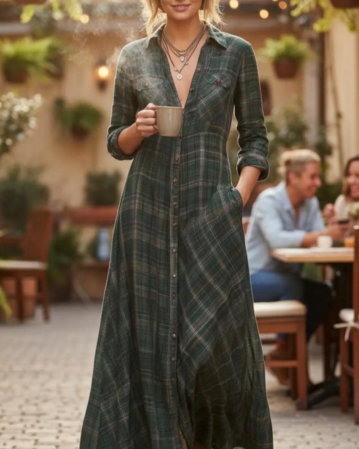 Vestido Camisero Cuadros Maxi