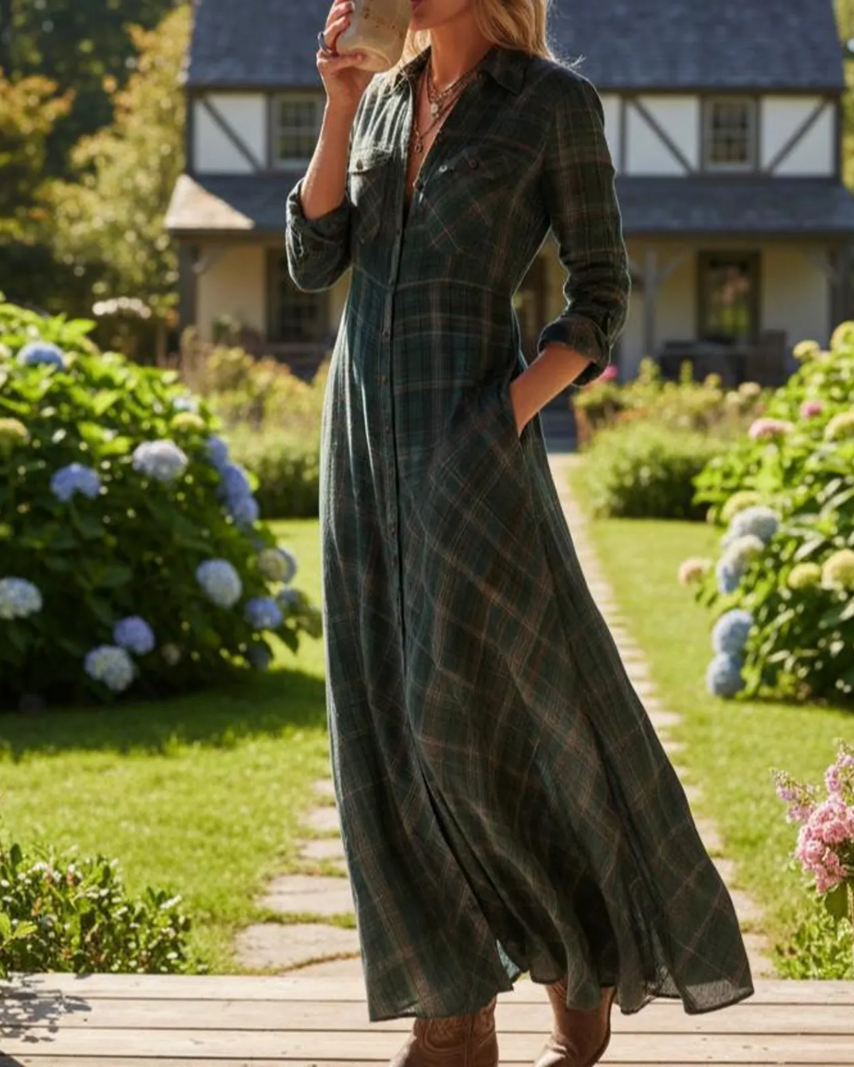 Vestido Camisero Cuadros Maxi