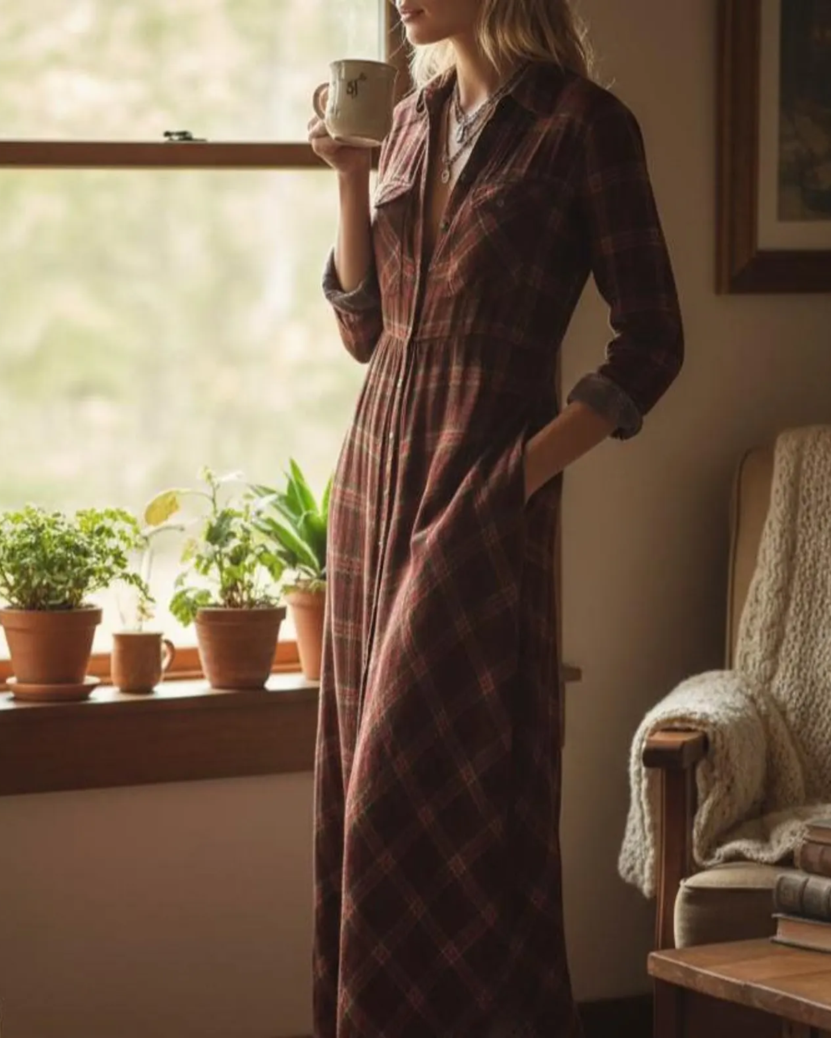 Vestido Camisero Cuadros Maxi