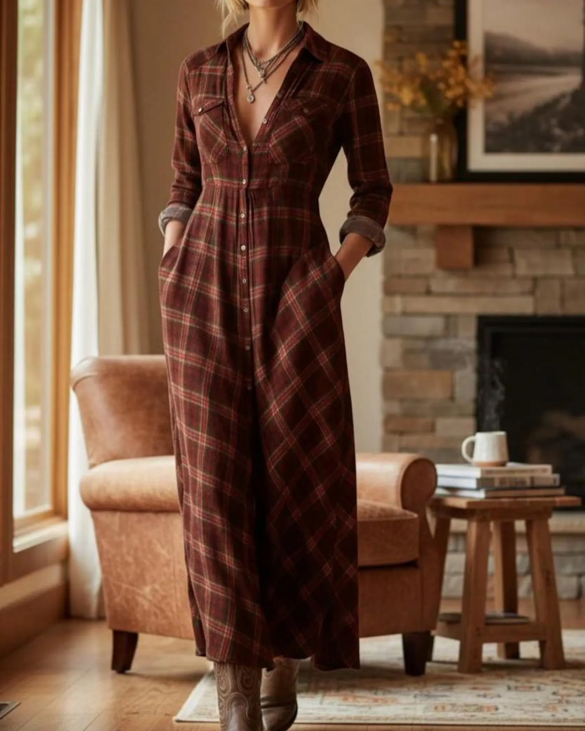 Vestido Camisero Cuadros Maxi