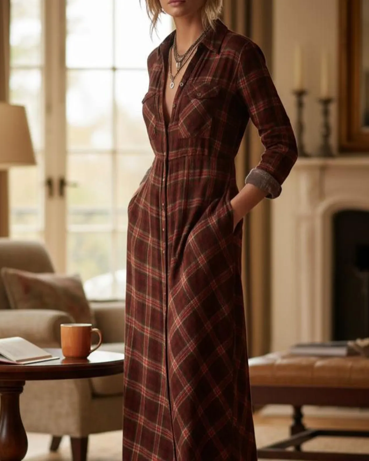 Vestido Camisero Cuadros Maxi