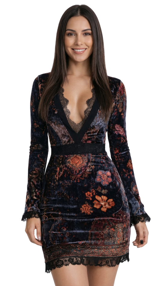 KEYLA™ | VESTIDO CORTO TERCIOPELO CON ESTAMPADO FLORAL