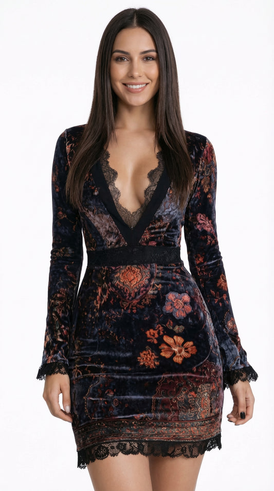 KEYLA™ | VESTIDO CORTO TERCIOPELO CON ESTAMPADO FLORAL