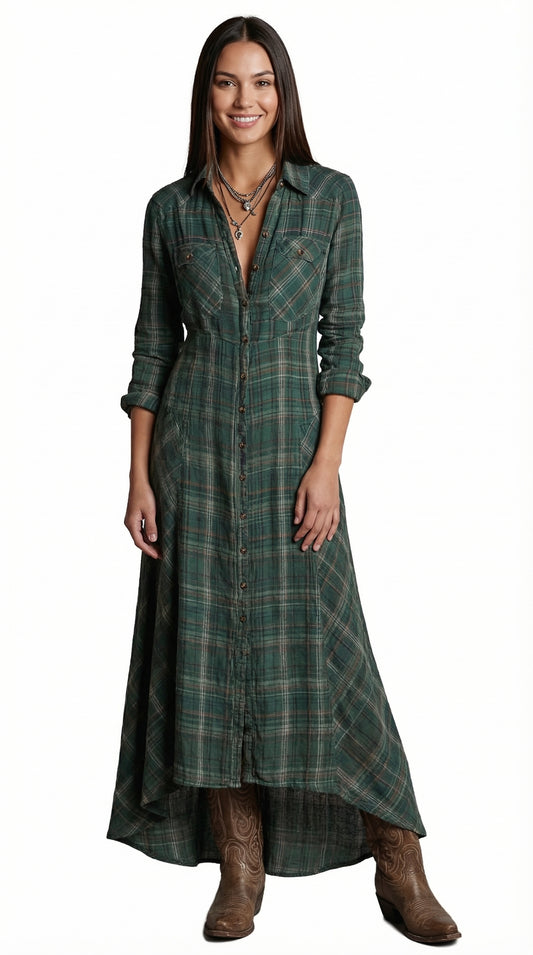 Vestido Camisero Cuadros Maxi